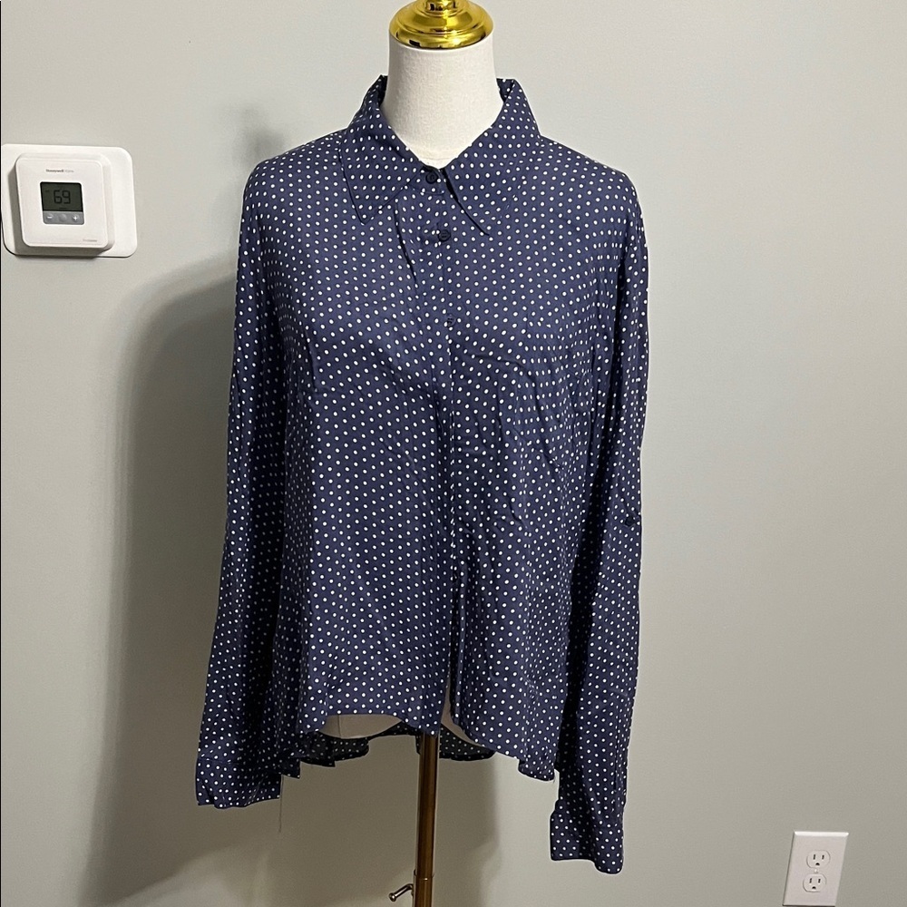 Xhilaration Navy and White Polka Dot Button-Down Shirt
